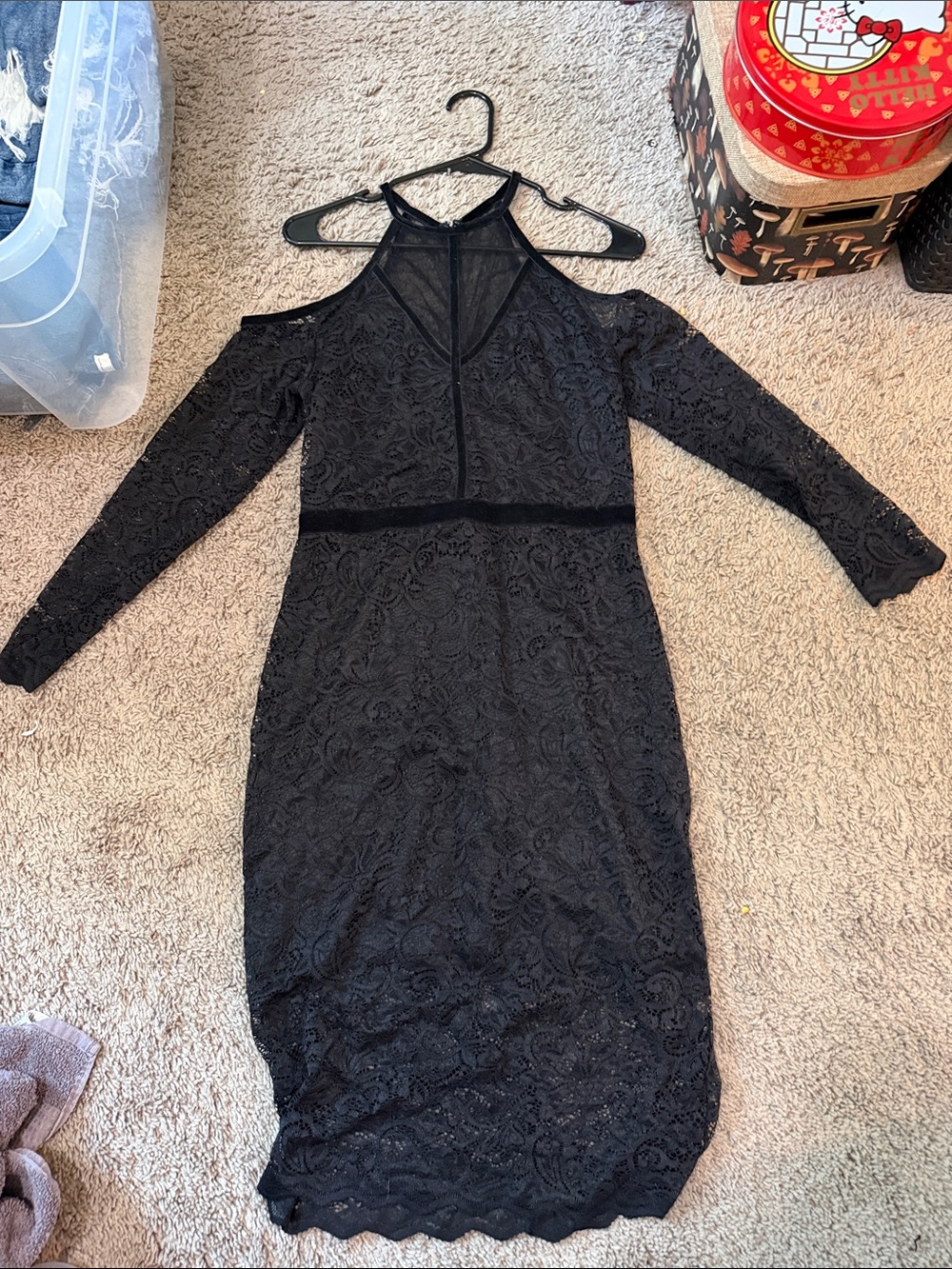 Express Black Lace Cold-Shoulder Halter Midi Dress with Long Sleeves